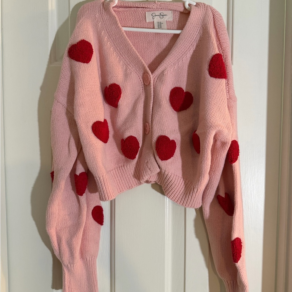 Jessica Simpson Pink Cardigan with Red Heart Appliqués